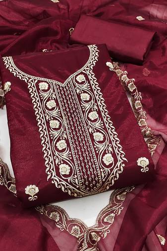 Women's maroon unstitched heavy thread embroidered twill net dress material 