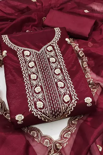 Women's maroon unstitched heavy thread embroidered twill net dress material 
