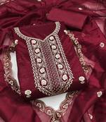 Women's maroon unstitched heavy thread embroidered twill net dress material