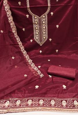Women's maroon heavy thread embroidered twill net dress material 2