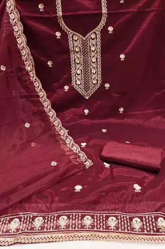 Women's maroon heavy thread embroidered twill net dress material