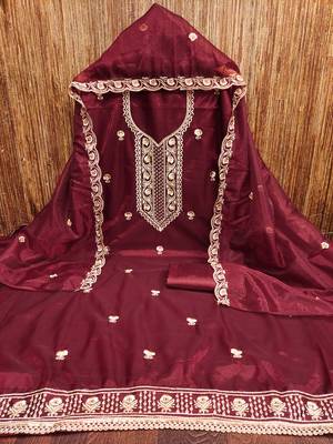 Women's maroon heavy thread embroidered twill net dress material 3