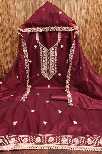 Women's maroon heavy thread embroidered twill net dress material