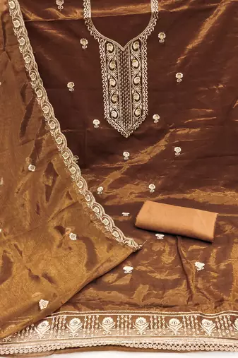 Women's mustard heavy thread embroidered twill net dress material