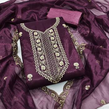 Women's purple heavy thread embroidered twill net dress material 1