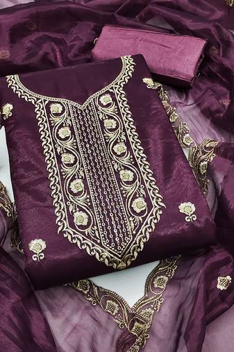 Women's purple unstitched heavy thread embroidered twill net dress material 