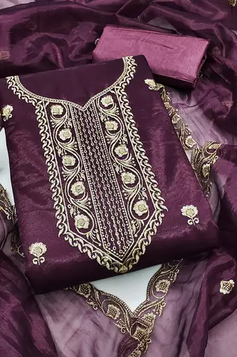 Women's purple unstitched heavy thread embroidered twill net dress material 