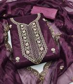 Women's purple unstitched heavy thread embroidered twill net dress material