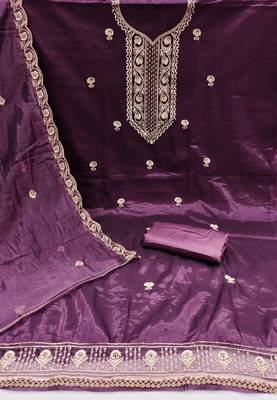 Women's purple heavy thread embroidered twill net dress material 2
