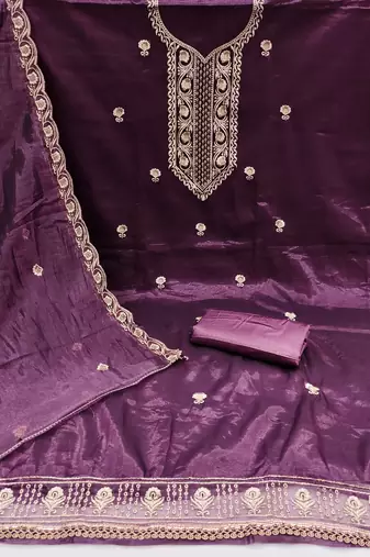 Women's purple heavy thread embroidered twill net dress material