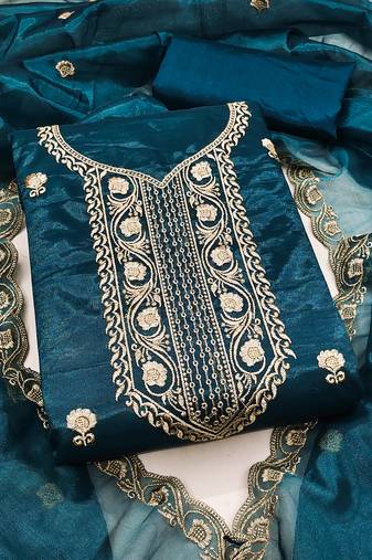 Women's teal blue unstitched heavy thread embroidered twill net dress material 