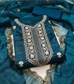 Women's teal blue unstitched heavy thread embroidered twill net dress material