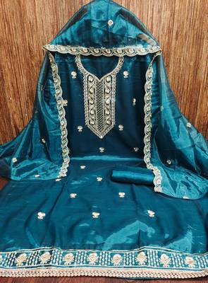 Women's teal blue heavy thread embroidered twill net dress material 3