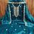 Women's teal blue unstitched heavy thread embroidered twill net dress material 