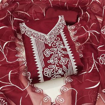 Women's maroon heavy thread embroidered organza dress material 1