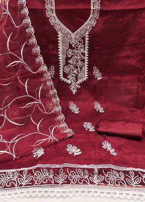 Women's maroon heavy thread embroidered organza dress material 2