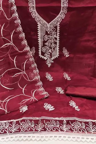 Women's maroon heavy thread embroidered organza dress material