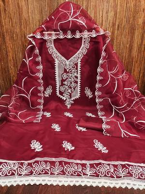 Women's maroon heavy thread embroidered organza dress material 3