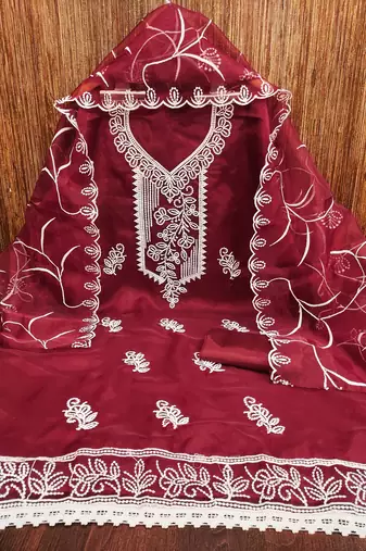 Women's maroon heavy thread embroidered organza dress material