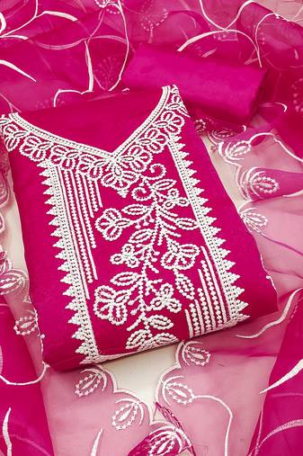 Women's pink unstitched heavy thread embroidered organza dress material 