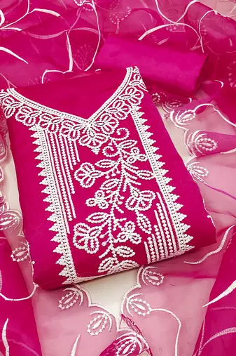 Women's pink unstitched heavy thread embroidered organza dress material 