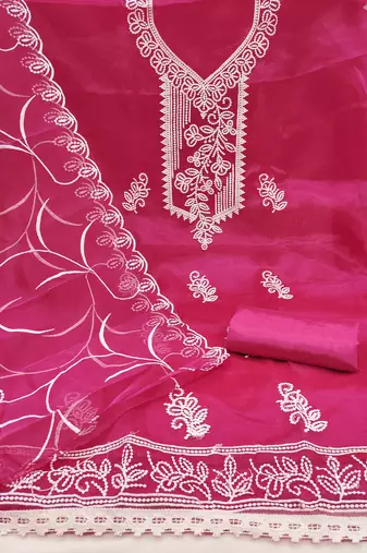 Women's pink heavy thread embroidered organza dress material