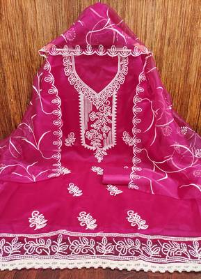 Women's pink heavy thread embroidered organza dress material 3