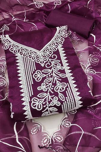 Women's purple unstitched heavy thread embroidered organza dress material 