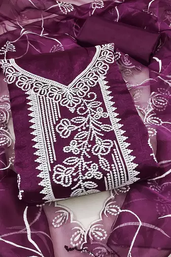 Women's purple unstitched heavy thread embroidered organza dress material 