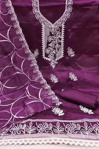 Women's purple heavy thread embroidered organza dress material
