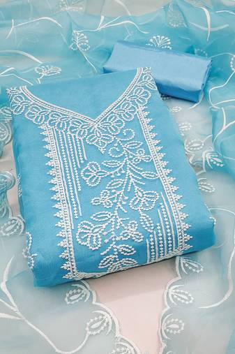 Women's sky blue unstitched heavy thread embroidered organza dress material 