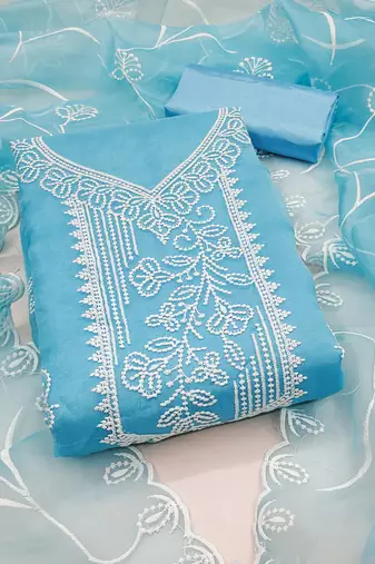 Women's sky blue unstitched heavy thread embroidered organza dress material 