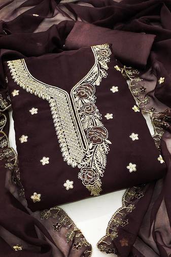 Women's brown unstitched heavy thread embroidered georgette dress material 
