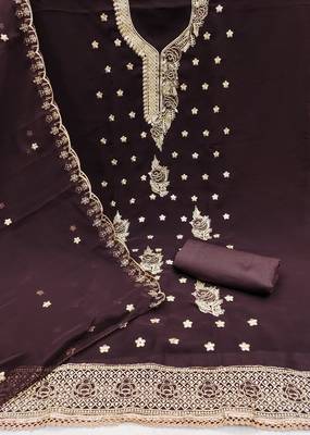 Women's brown heavy thread embroidered georgette dress material 2