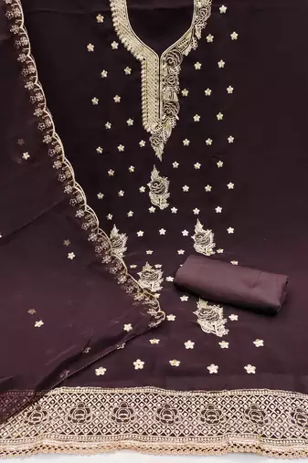Women's brown heavy thread embroidered georgette dress material
