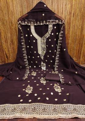 Women's brown heavy thread embroidered georgette dress material 3