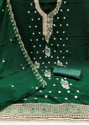 Women's green heavy thread embroidered georgette dress material 2