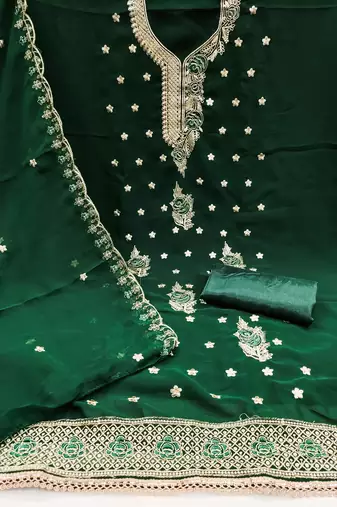 Women's green heavy thread embroidered georgette dress material