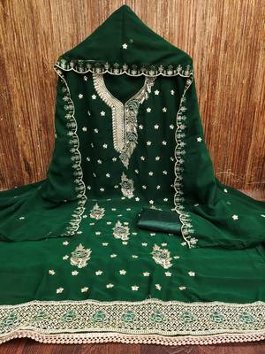 Women's green heavy thread embroidered georgette dress material 3