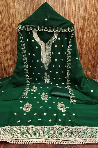 Women's green heavy thread embroidered georgette dress material