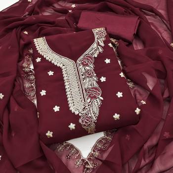 Women's magenta heavy thread embroidered georgette dress material 1