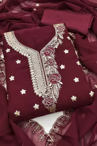 Women's magenta unstitched heavy thread embroidered georgette dress material 