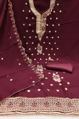 Women's magenta heavy thread embroidered georgette dress material