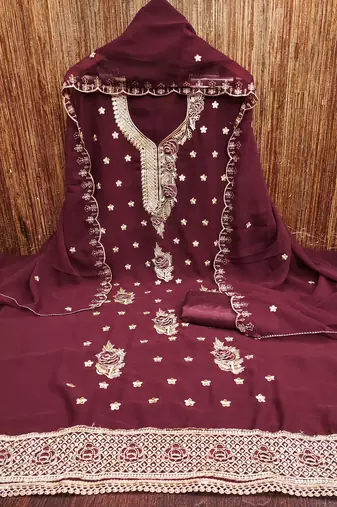 Women's magenta heavy thread embroidered georgette dress material