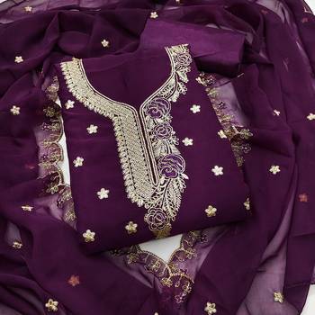 Women's purple heavy thread embroidered georgette dress material 1