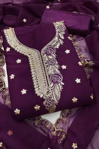 Women's purple unstitched heavy thread embroidered georgette dress material 