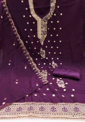 Women's purple heavy thread embroidered georgette dress material 2