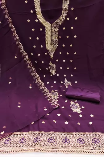 Women's purple heavy thread embroidered georgette dress material
