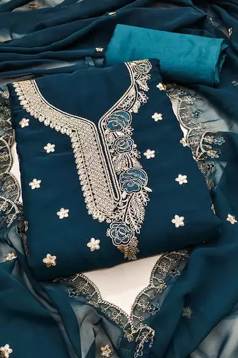 Women's teal blue unstitched heavy thread embroidered georgette dress material 
