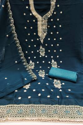 Women's teal blue heavy thread embroidered georgette dress material 2